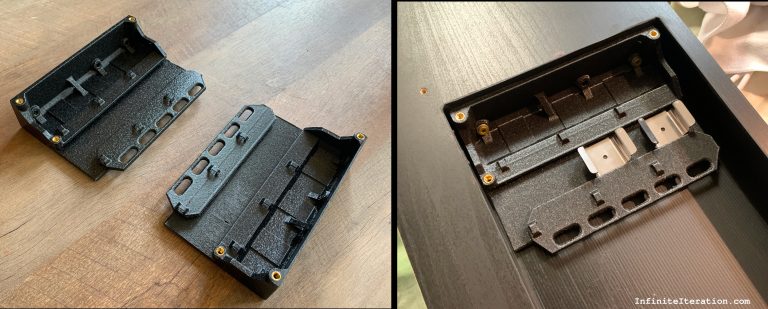 Two images side-by-side - 3D-printed light-mounting brackets on a table and installed embedded in shelf