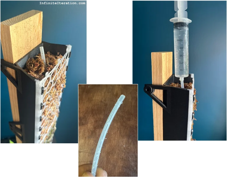 Collage of three photos showing embedded irrigation tube in moss pole, tube with holes poked in it, and syringe connected to tube