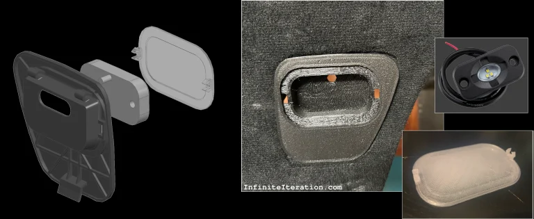 CAD and prototypes of hatch-light housing and lens, and the photo of HFT LED