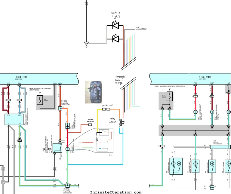 Wiring diagram showing hatch-light power strategy