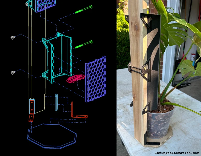 CAD exploded view of moss-pole assembly, and photograph of rear of assembly